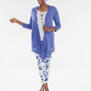 Chicos Long Tassel Cardigan Sweater Open Front Blue Linen Blend Embroidered Hem